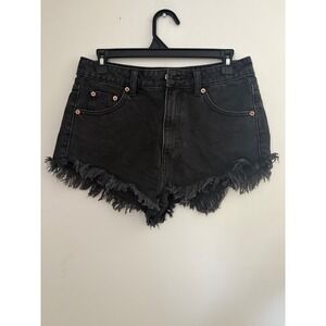 Topshop Kiri Black‎ Denim Frayed Hem High Waisted Shorts Womens Size US 6 Retro